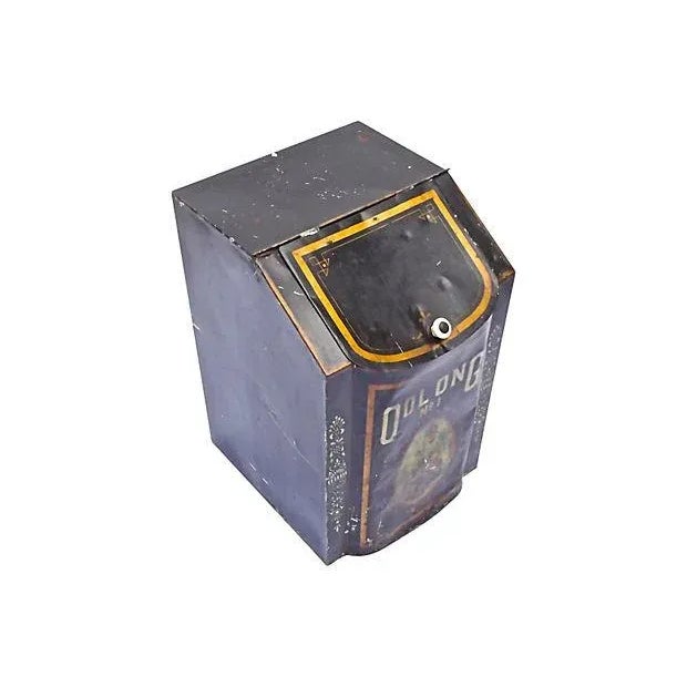 Antique; 19th century, English, metal, oolong tea, storage bin with Asian street scene on the front. Floral graphic...