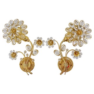 Gilt Brass Flower Wall Lights with Crystals from Palwa, Germany, 1970s, Set of 2 For Sale