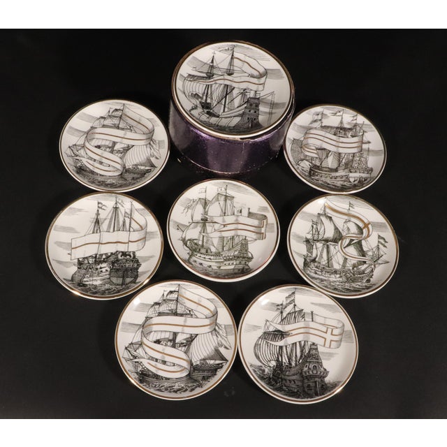 Piero Fornasetti Vintage Piero Fornasetti Tall Ship Ceramic Coasters With Original Blue Box, Velieri Pattern For Sale - Image 4 of 11