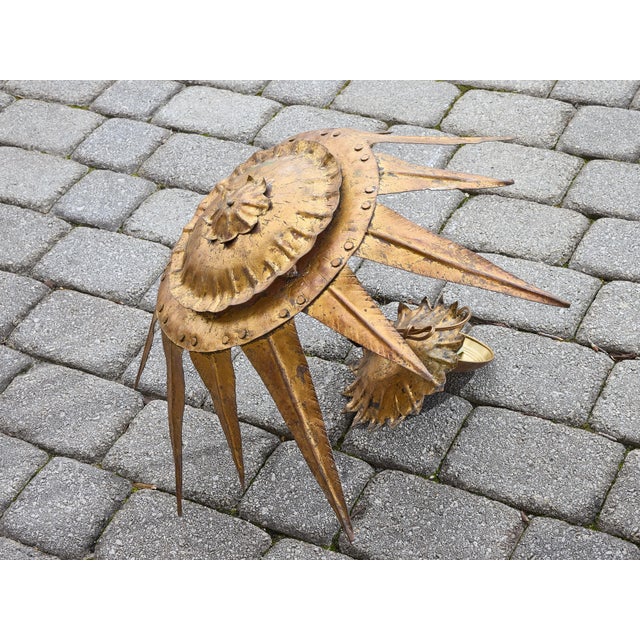 Gold Mid 20th Century Mid Century Modern Spanish Gilt Metal Sunburst Crown Chandelier with Four Lights For Sale - Image 8 of 9