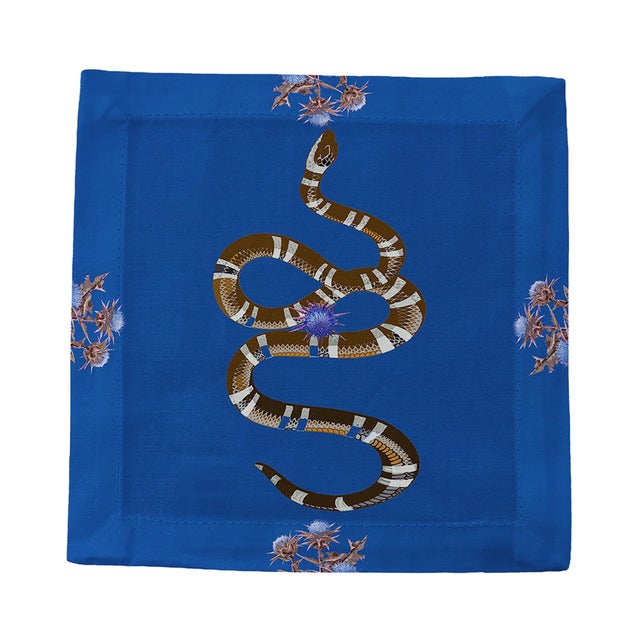 Contemporary Thistle And Snake Cotton Sateen Cocktail Napkins in Blue, Set of 4 For Sale - Image 3 of 6