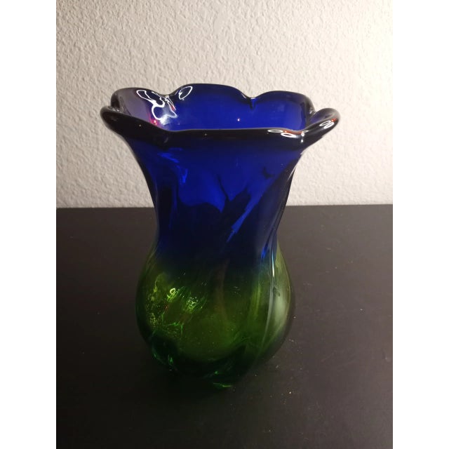 Contemporary Vintage Blue & Green Art Glass Vase For Sale - Image 3 of 6