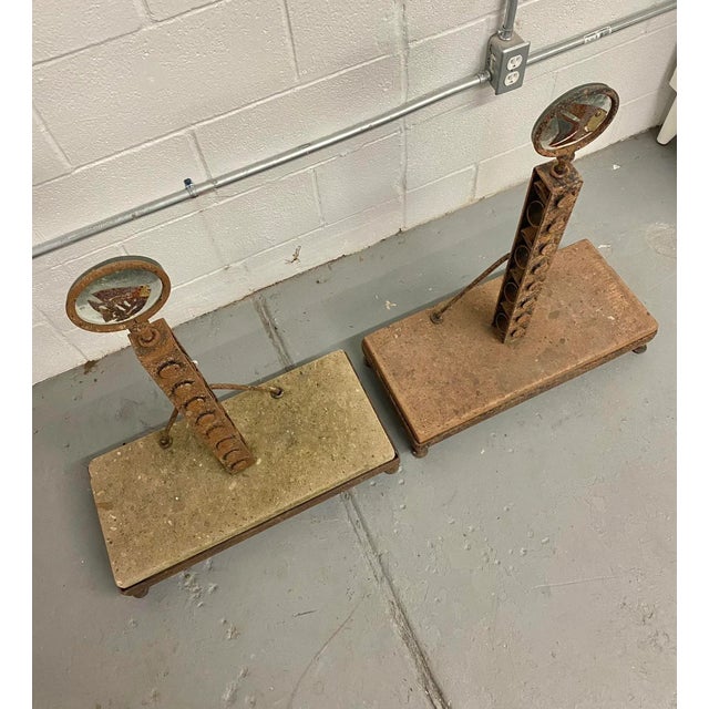 Brown Sculptural Rustic Concrete + Steel Andirons, a Pair (Mexico) For Sale - Image 8 of 13