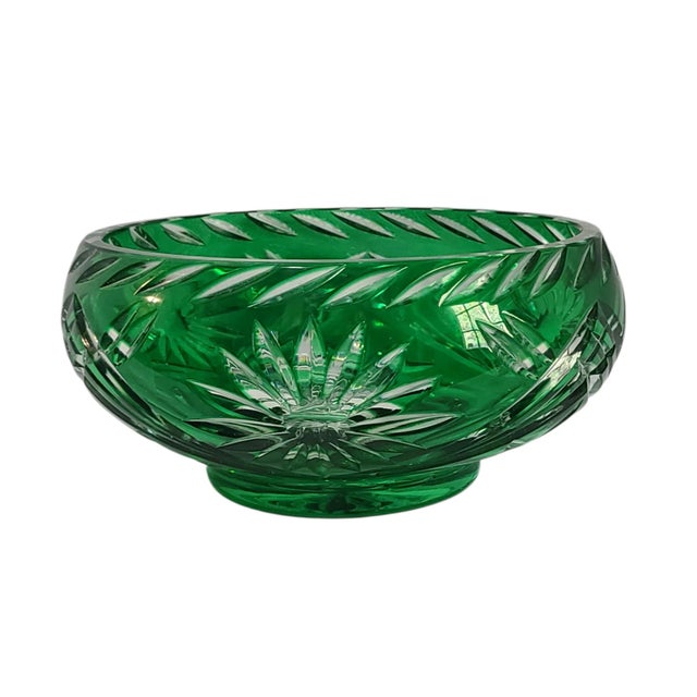 Glass Vintage Elegant Crystal Bohemian Cut to Clear Green Candy Dish Bowl For Sale - Image 7 of 7