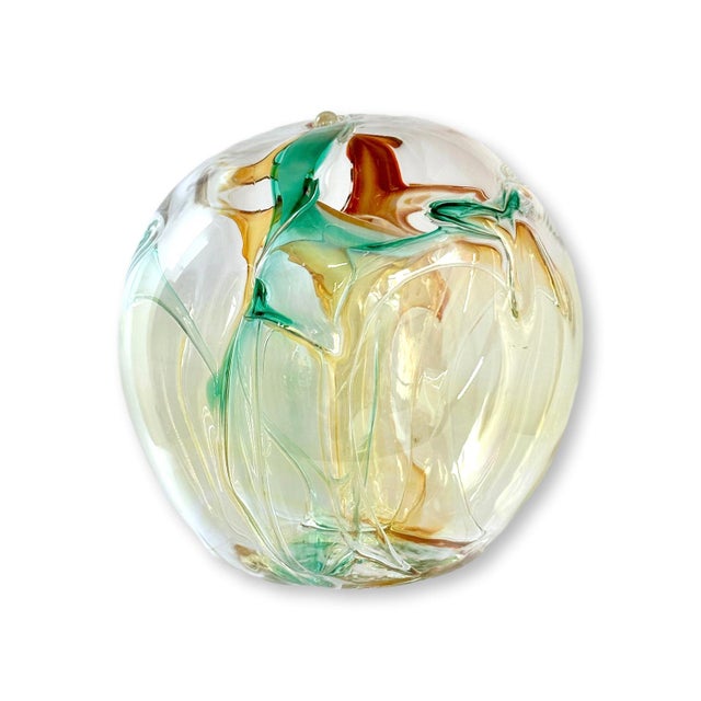 Signed studio glass orb by Vermont-based glass artist Peter Bramhall, dated 22 July 1996. Known for his organic, free-...