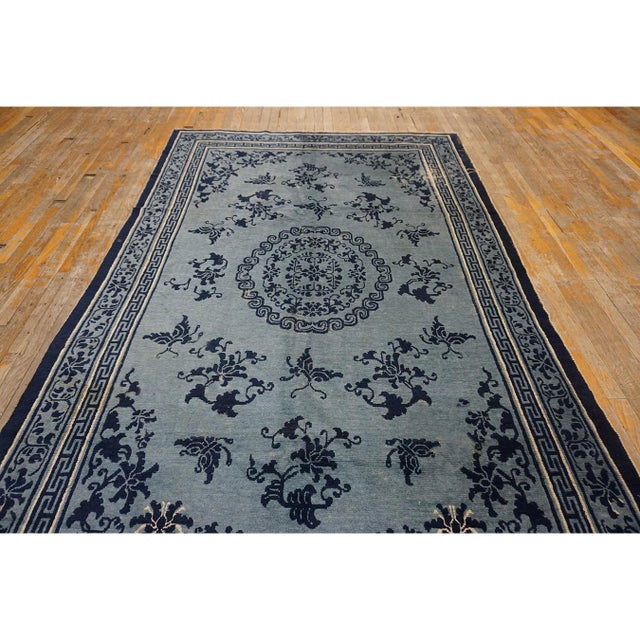 Textile 1850s Blue and Navy Antique Chinese Peking Ningxia Hand Knotted Rug 5'7" X 8'10" For Sale - Image 7 of 9