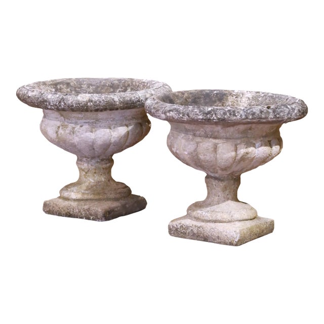Pair of 19th Century French Weathered Carved Stone Garden Urns From Normandy For Sale