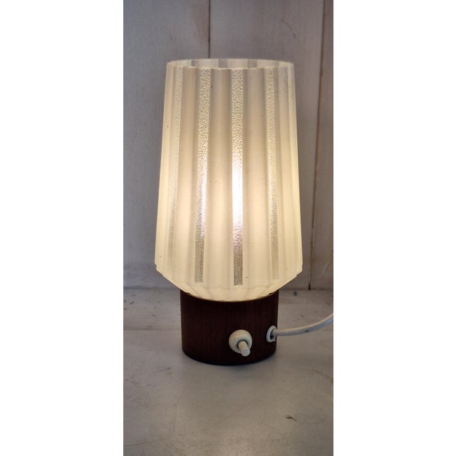 Metal Mid-Century Table Lamp with Teak Base and White Striped Glass Shade, 1960s For Sale - Image 7 of 7