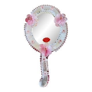 C.1950s Vintage Italian Venetian Hand-Blown Pink Floral Murano Glass Hand Mirror For Sale