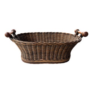 Vintage French Wicker Basket With Turned Wood Handles & Wood Slatted Base For Sale