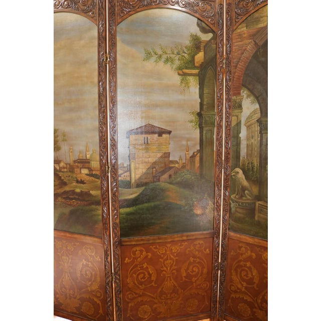 Italian Italian Vintage Hand Carved Wood Room Divider Screen With Painted Scene of Tuscany Landscape For Sale - Image 3 of 3