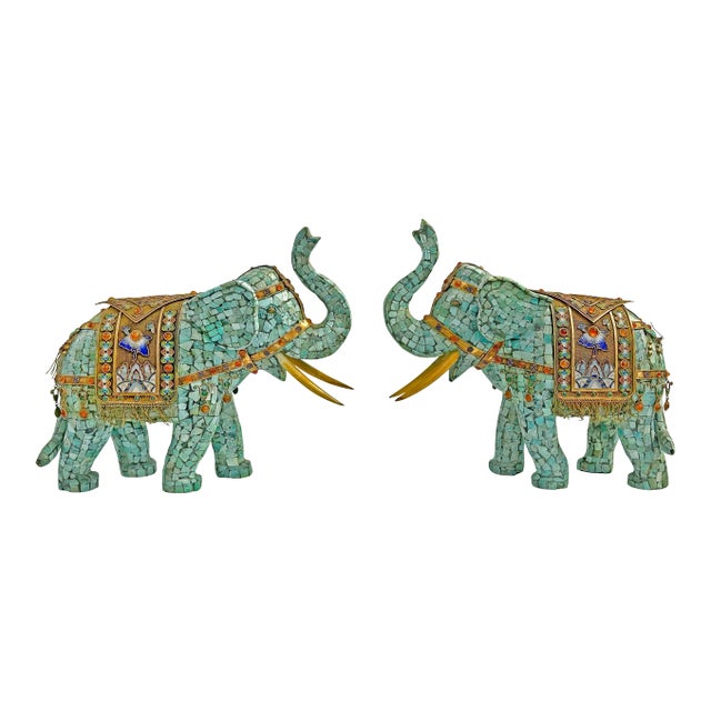 Early 20th Century Asian Jeweled Gilt Silver & Tessellated Turquoise Elephant Figurines - a Pair For Sale