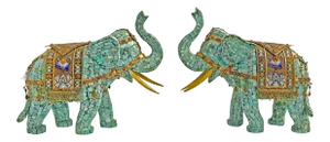 Early 20th Century Asian Jeweled Gilt Silver & Tessellated Turquoise Elephant Figurines - a Pair