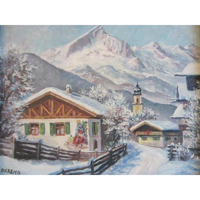 1940s Okreno Winter Scene Ski Lodge Snow Mountain Oil on Board Signed Painting For Sale - Image 11 of 12