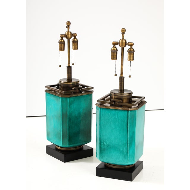 Stiffel 1960's Large Ceramic Lamps With a Jade Crackle Glaze Finish by Stiffel - a Pair For Sale - Image 4 of 11