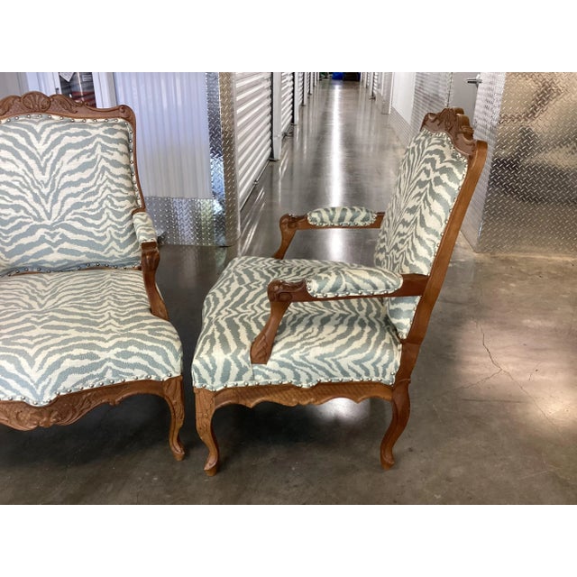 French Walnut Fauteuils Newly Upholstered in Stroheim Animal Print For Sale - Image 10 of 14