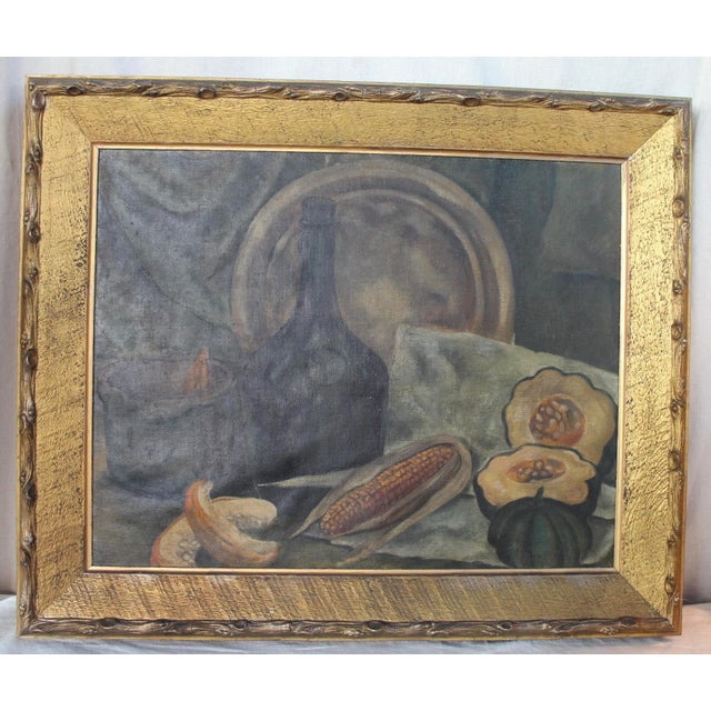 Naive still life with vegetables, oil on canvas laid to board, gilt-wood frame, late 19th c. Image size: W27.5" x H21.5"