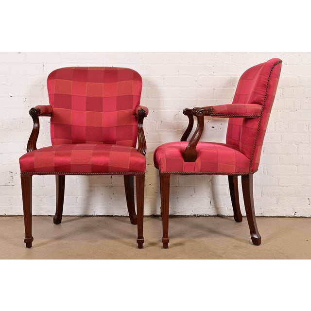 Baker Furniture English Regency Carved Mahogany Upholstered Armchairs or Dining Captain Chairs, Pair For Sale - Image 10 of 13