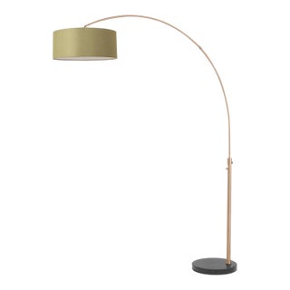 1960s Adjustable Morelli Linen Floor Lamp - Mid Century Modern Arc Lamp, Weathered Brass, Black Marble Base, Avocado Linen Shade For Sale