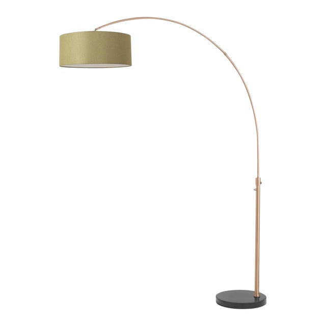 1960s Adjustable Morelli Linen Floor Lamp - Mid Century Modern Arc Lamp, Weathered Brass, Black Marble Base, Avocado Linen Shade For Sale