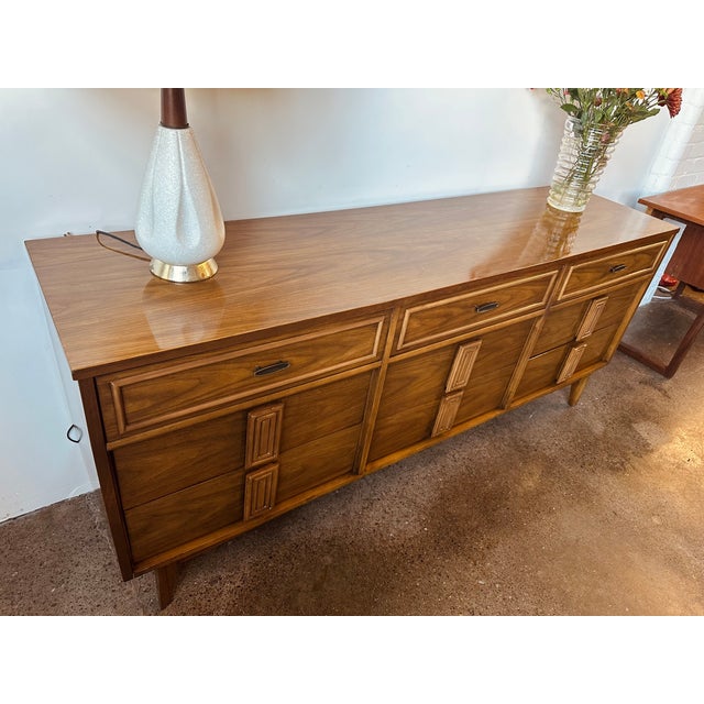 Brown Mid Century Walnut 9 Drawer Dresser With Mirror For Sale - Image 8 of 10