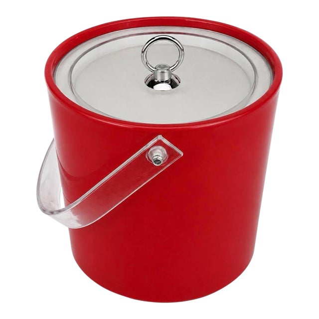 1960s Americana Poppy Red Ice Bucket With Clear Lucite Handle For Sale