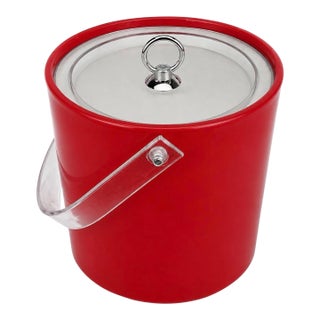 1960s Americana Poppy Red Ice Bucket With Clear Lucite Handle, Fourth of July, Independence Day For Sale