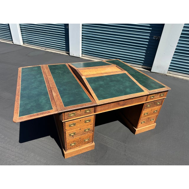 Antique Double Pedestal Partners British Campaign Desk Solid Oak -Rare Antique-Made in England For Sale - Image 4 of 8