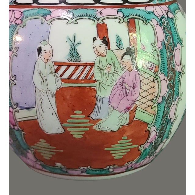 Vintage Asian Chinoiserie Famille Rose Hand Painted Colorful Figural Floral Vase For Sale - Image 4 of 9