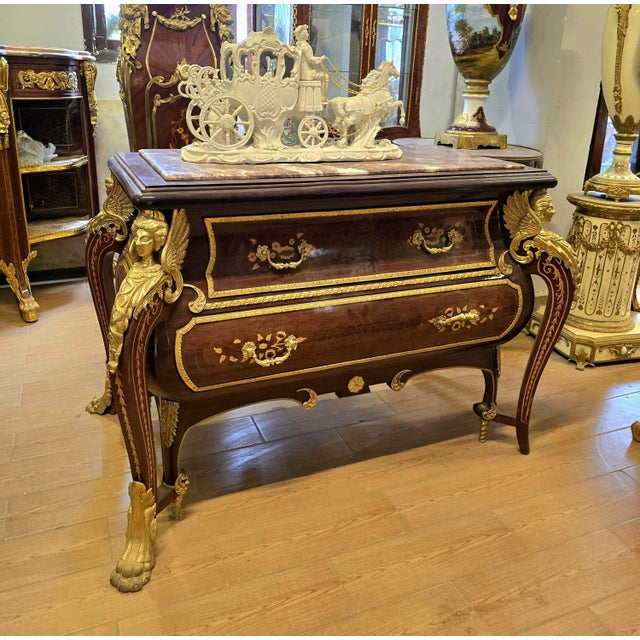 Traditional Grand French Empire Commode With Marble Top, Floral Marquetry & Sculptural Gilt Bronze Details For Sale - Image 3 of 4