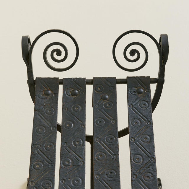 Vintage Spanish Brutalist Wrought Iron + Tooled Leather Folding Stool For Sale In Chicago - Image 6 of 18