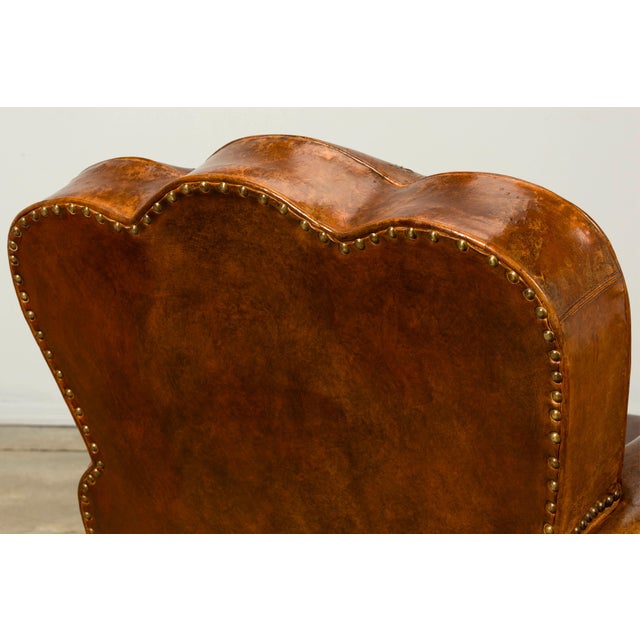 1930s French Art Deco Scalloped Back Cognac Leather Club Chairs, Pair For Sale - Image 11 of 18
