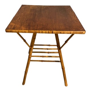 Antique English Burnt Bamboo Side Table With Bottom Shelf For Sale