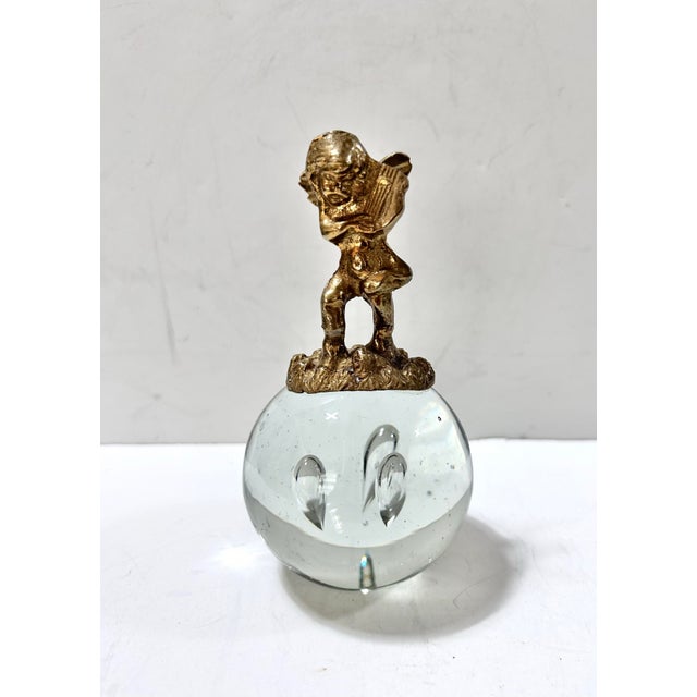 Baroque Vintage Gold-Tone Cherub on Bubble Glass Orb Paperweight For Sale - Image 3 of 9