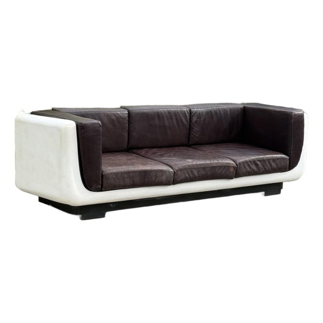 Space Age Sofa in White Wood and Aubergine Leather, Usa Circa 1970 For Sale