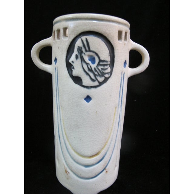 Art Deco Vintage Weller Creamware Ethel Art Deco Cameo Portrait 6" Vase For Sale - Image 3 of 8