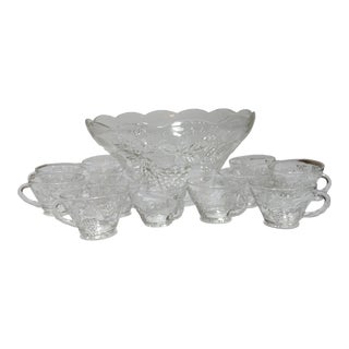 1960s Anchor Hocking Pressed Grapes & Leaves Punch Bowl Set- 13 Pieces For Sale