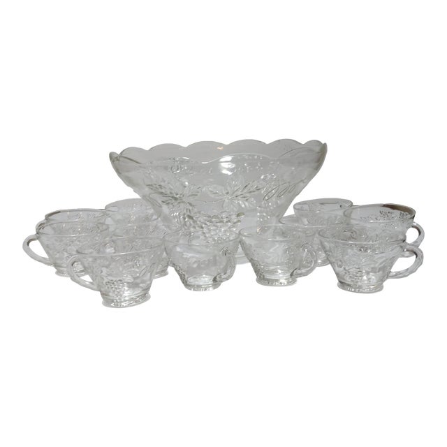 1960s Anchor Hocking Pressed Grapes & Leaves Punch Bowl Set 13 Pieces
