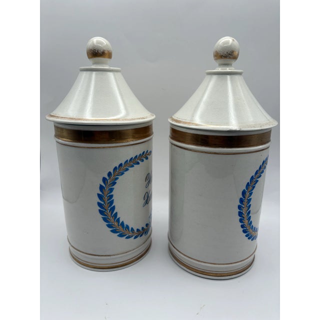 Rustic European Late 19th Century Ceramic Lidded Apothecary Jars With Blue, White and Gold Details- Set of 2 For Sale - Image 3 of 11