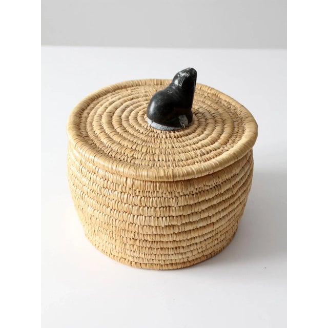 Tan Vintage Basket With Lid and Carved Stone Handle For Sale - Image 8 of 13