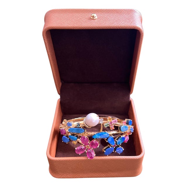 Bochic "Capri" Vintage Ruby, Sapphire & Blue Opal Cuff Set In 18K & Silver For Sale