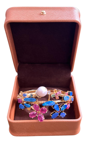Bochic "Capri" Vintage Ruby, Sapphire & Blue Opal Cuff Set In 18K & Silver