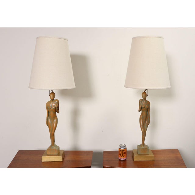 Mid-Century Modern Vintage Male and Female Figural Carved Table Lamps by Clifford C Stasack - Pair For Sale - Image 3 of 18