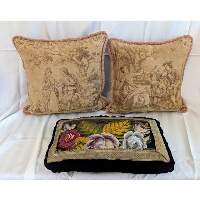 Vintage Beaded Floral Pillow With a Pair of Pastoral Antique Tapestry Pillows, Both With Velvet Backing Perfect With the Antique Settee For Sale - Image 12 of 12