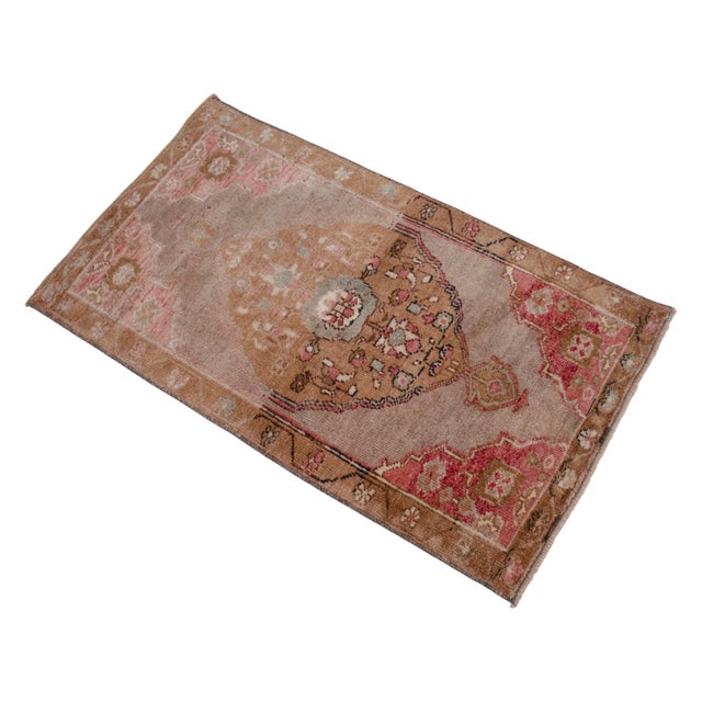 Vintage Turkish Small Rug Faded Pink Brown Hand Knotted Door Mat 20"x37" For Sale - Image 4 of 13