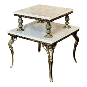 1940s French Gilded Brass and Carrera Marble Two Tier Side Table