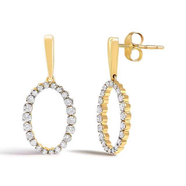 Contemporary 14K Yellow Gold Graduating 1/2 Cttw Diamond Oval Dangle Earrings, Pair For Sale - Image 3 of 4