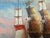A striking vintage oil painting on canvas depicting an intense naval engagement at sea, where two historic sailing...