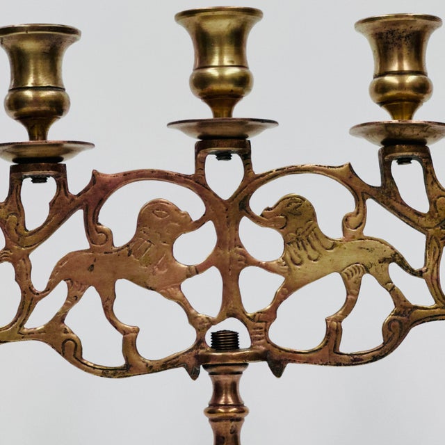 Rustic European Early 20th Century 5 Candle Brass Polish Jewish Shabbat Candelabra "Lions of Judah" For Sale - Image 3 of 14