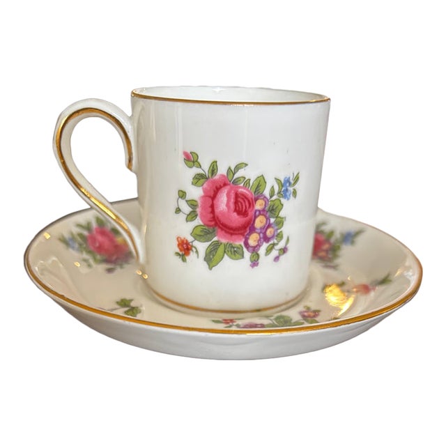 Vintage Crown Staffordshire Fine Bone China Demitasse Cup and Saucer With Vibrant Floral Bouquets and Gold Trim For Sale